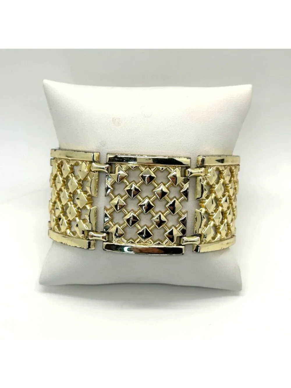 Wide Panel Bracelet Gold-Tone Statement With Fold-Over Clasp 7.5 